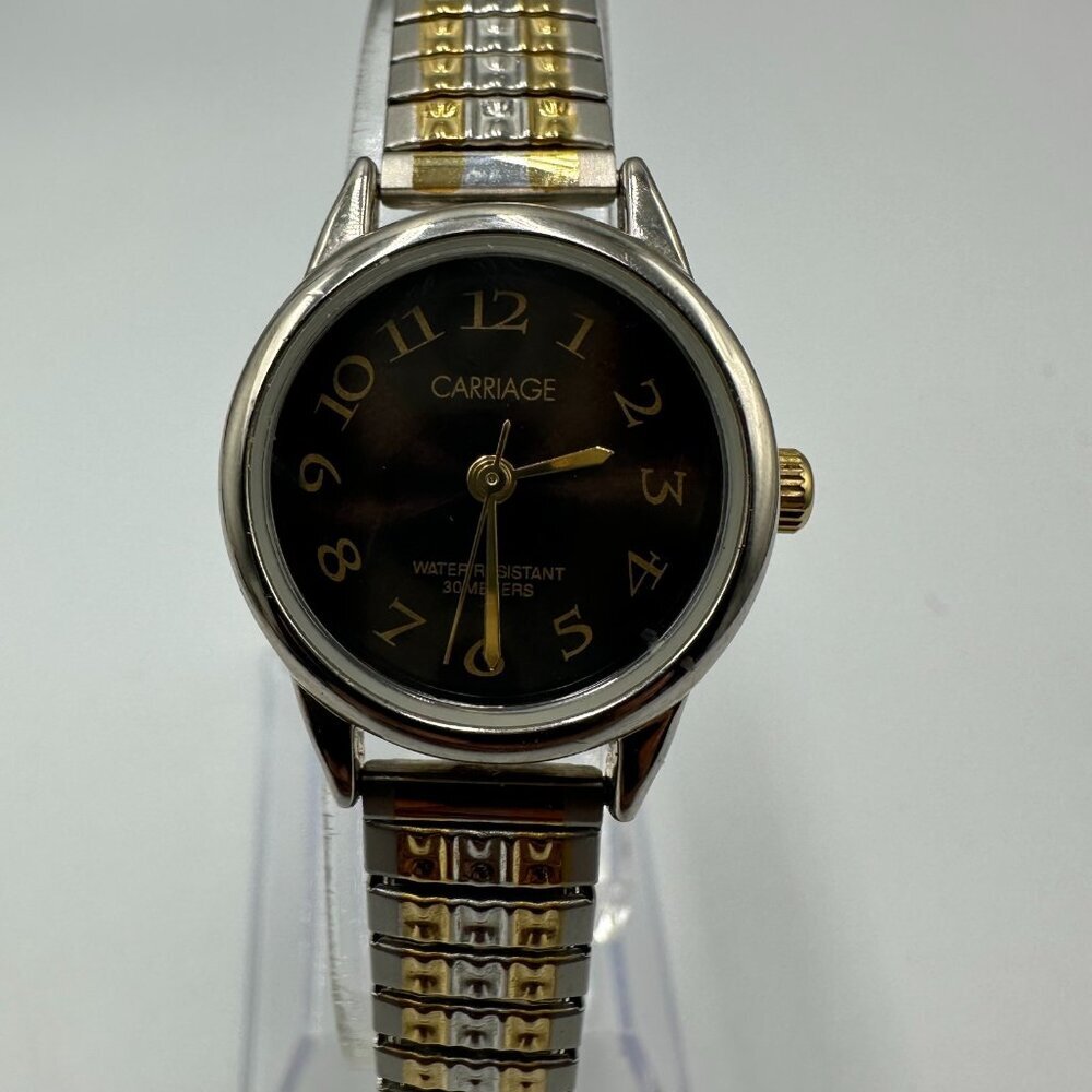 3/$30 Carriage Watch Women Two Tone Silver Gold Black Dial Stretch Band